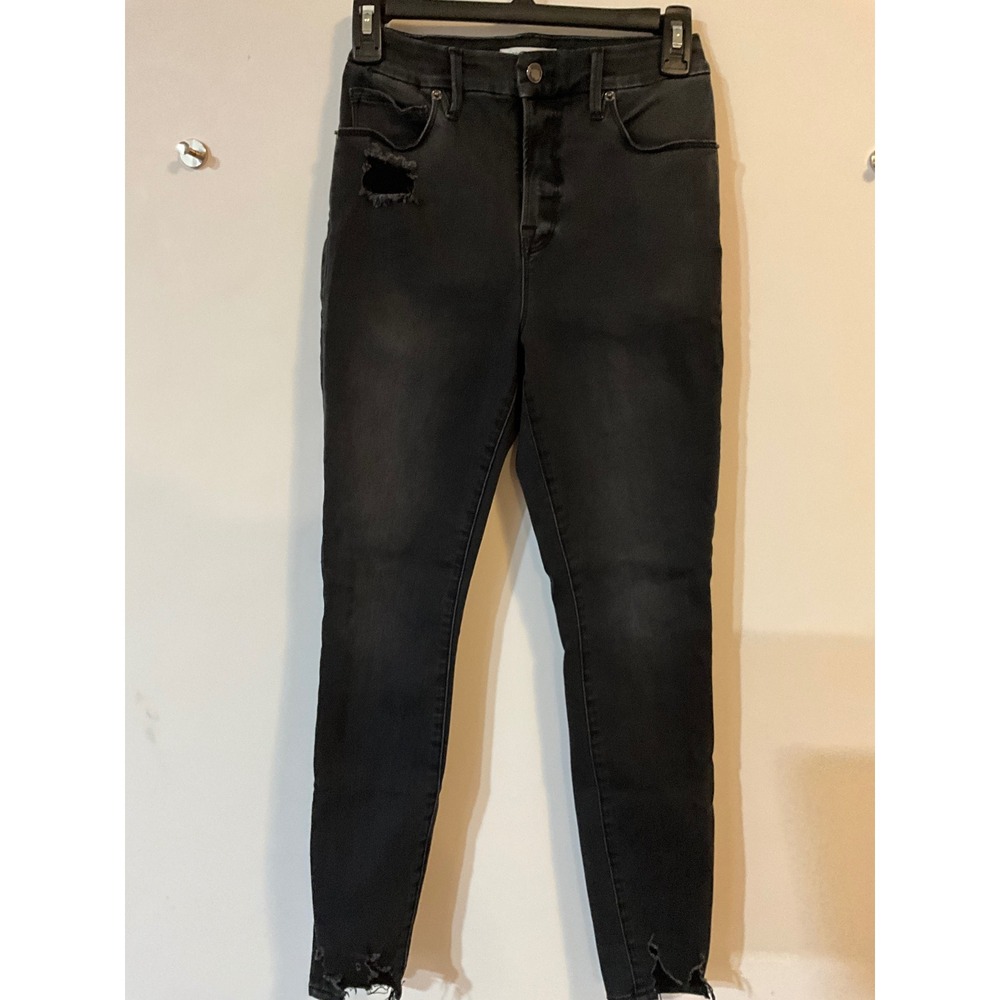 Good American Good Legs Crop Jeans Black Distressed Raw Hem Skinny Size 2/26